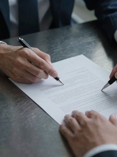 Tight close-up of hands in business suits reviewing a legal deed on a dark steel desk, cool low-key lighting, silver highlights, 35mm