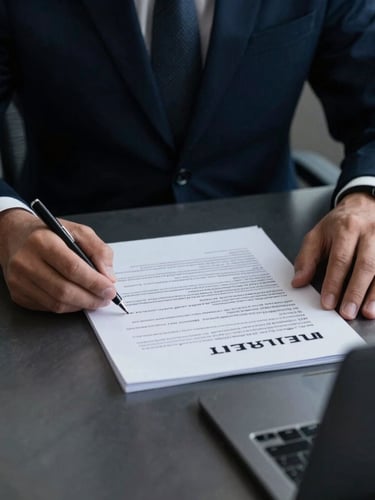 Close-up of hands in sharp business attire reviewing legal documents on a dark steel table, dramatic low-key cool lighting, 35mm