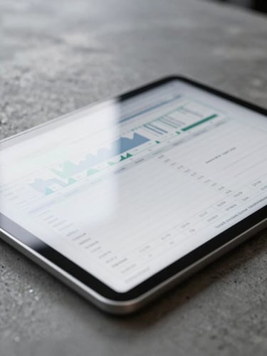 Close-up macro shot of a sleek digital tablet displaying complex cash flow spreadsheets on a dark concrete desk, cool overcast daylight, metallic reflections, sharp focus, 35mm