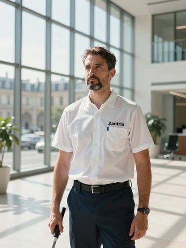 A professional commercial cleaning supervisor with a neat goatee, wearing a clean Zantria uniform, standing in a bright, sunlit Parisian corporate lobby with architectural glass walls, natural daylight.