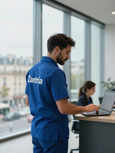 Side view of a modern Parisian corporate office lobby with large windows, bright cool daylight, a professional team member with a goatee wearing a custom blue Zantria uniform from a back-three-quarters angle, working with quiet precision.