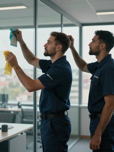 Sharp back-three-quarters shot of a professional Zantria team member with a goatee, wearing a custom-branded dark blue Zantria uniform, cleaning a glass partition in a sunlit Parisian office, cool natural daylight.