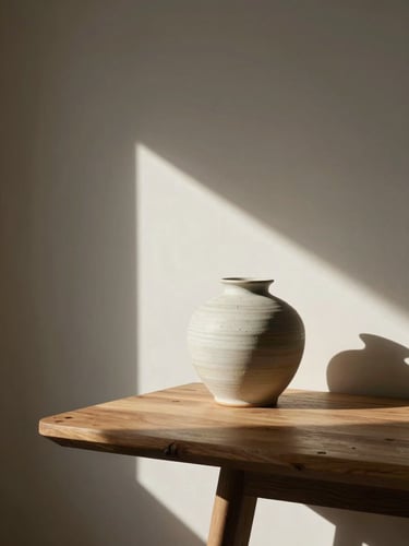 A quiet, light-filled modern domestic interior, soft shadows, a ceramic vase on a wooden table, elegant minimalist atmosphere.