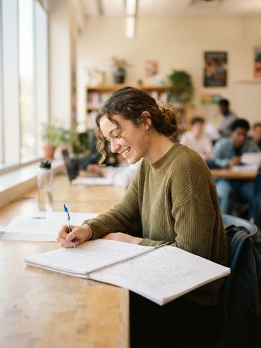 Bright modern classroom photography, soft natural daylight, a student smiling while writing in a notebook, shallow depth of field, 35mm