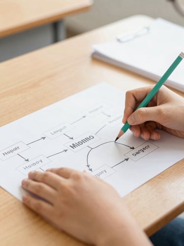 Close up of student hands drafting a clean mind-map on a wooden desk, soft natural daylight, green mint pencil, focused learning environment
