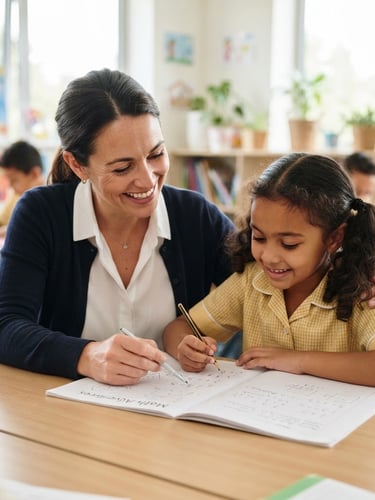 Bright modern classroom with natural daylight, a teacher smiling warmly while guiding a student over a notebook, shallow depth of field, optimistic tones.