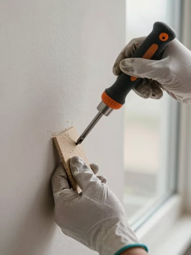 Close-up of gloved hands using a precision coring tool to extract a small drywall sample from a residential interior wall, neutral daylight from a nearby window, clinical focus on the sample and tool tip