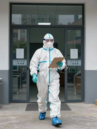 Wide environmental shot of a certified inspector in full protective gear arriving at a commercial building entrance, clipboard in hand, neutral daylight, clinical framing