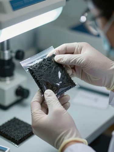 Close-up of a gloved inspector's hands carefully handling a sealed asbestos sample in a clinical setting, neutral fluorescent lighting, precision equipment visible in the background, tight framing emphasizing procedural care