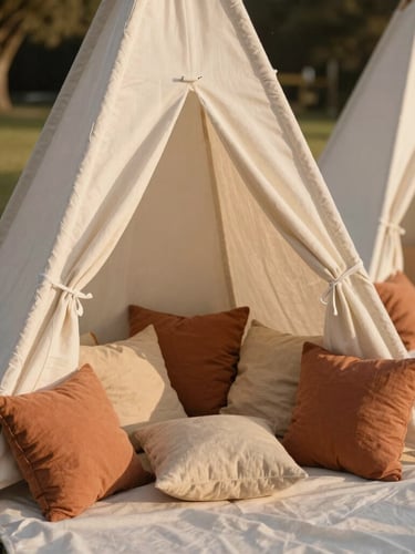 Warm editorial photography of a beautifully styled children's corner at an outdoor wedding, canvas teepee, linen cushions in terracotta and sand tones, soft golden hour light, 35mm