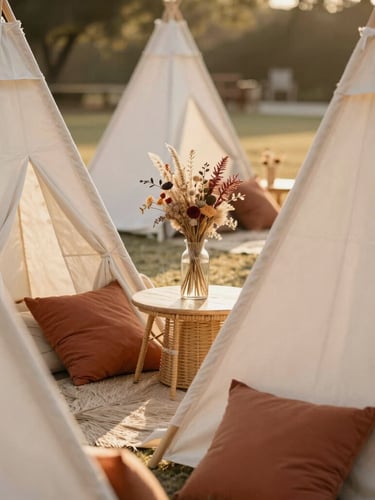 Close-up of a beautifully styled children's corner at an outdoor wedding, canvas tipis, terracotta cushions, dried flowers, warm golden sunlight, 35mm editorial photography