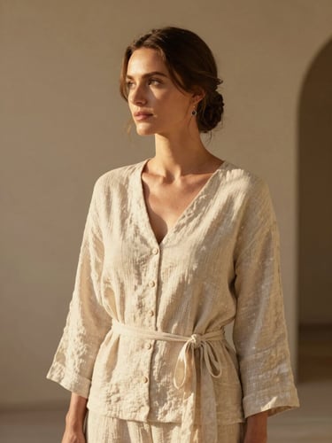 Elegant portrait of a female children's event designer in her 30s, warm golden hour light, soft linen clothing, neutral earthy background, 35mm editorial photography