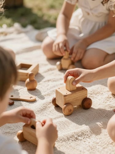 Close-up of children playing with handcrafted wooden toys on a linen rug, warm natural shadows, elegant outdoor wedding setting, 35mm