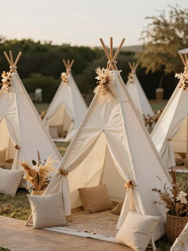 Medium shot of a beautifully decorated children corner at an outdoor Andalusian wedding, canvas teepees, neutral cushions, dried flowers, warm golden-hour light, 35mm