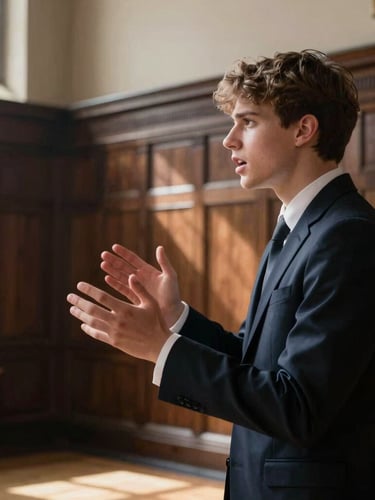 Dramatic side-profile of a student in a dark blazer speaking intensely, hand gesturing for emphasis, sharp natural window light cutting across a historic wood-paneled hall.