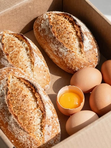 A pile of crusty daily loaves of bread and brown eggs with sun-yellow yolks in a cardboard crate, bright direct sunlight, sharp graphic shadows, 50mm lens.
