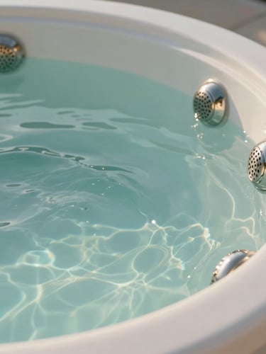 Close-up of water rippling over a pristine white acrylic spa shell with polished stainless steel jets, clean lines, high-end architectural detail, soft daylight