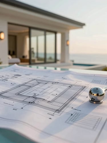 Close-up architectural blueprint of a luxury villa with a dedicated wellness zone, overlayed with a technical drawing of spa plumbing and stainless steel jet placements, clean lighting