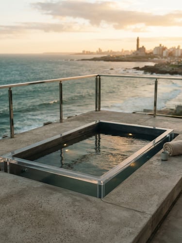 Premium architectural detail of a custom acrylic spa integrated flush into a minimalist concrete deck overlooking the ocean in Mar del Plata, soft golden hour light, shallow depth of field