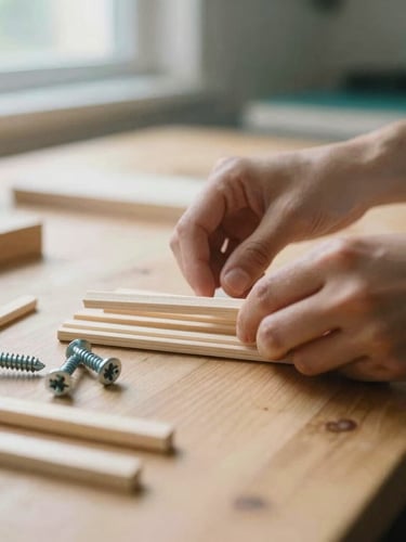 Close-up of hands organizing wooden dowels and steel screws on a clean wooden workbench, warm natural lighting, shallow depth of field, 35mm