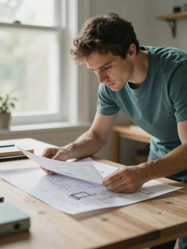A professional assembler in a warm domestic setting examining a complex furniture blueprint, soft window daylight, muted teal tones, shallow depth of field, 35mm
