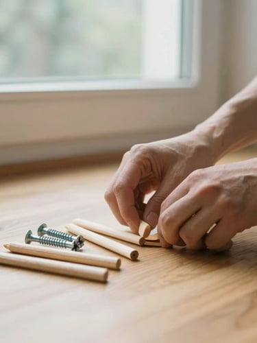Hands organizing wooden dowels and metal screws on a clean oak floor, warm natural window light, shallow depth of field, 35mm