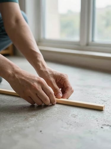 Hands carefully organizing wooden dowels on a clean concrete floor, warm natural window light, shallow depth of field.