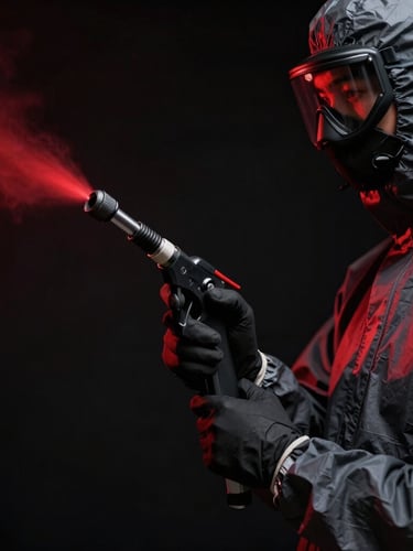 Close-up of a professional pest control technician in a clean dark grey protective suit, holding a precision spraying nozzle, dramatic high-contrast lighting, deep black background with a sharp red light reflection, 35mm lens