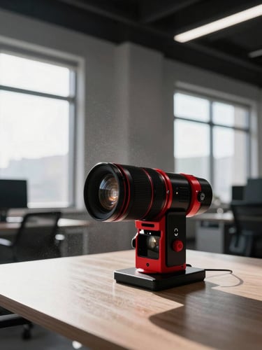 A clean, perfectly sanitized modern office space with sunlight streaming through large windows, highlighting dust-free air, sharp technical photography, high contrast