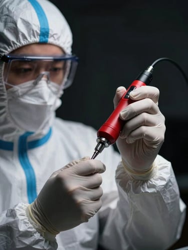 Close-up of a professional technician in a clean white protective suit holding a high-precision electric atomizer, sharp focus, technical dramatic lighting, dark background, 35mm lens
