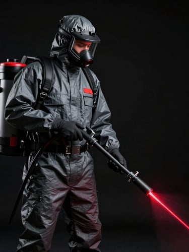 Professional pest control technician in clean dark grey protective gear using high-precision thermal fogger equipment, dramatic high-contrast lighting, deep black background, vivid red laser guide light, 35mm lens, sharp technical photography