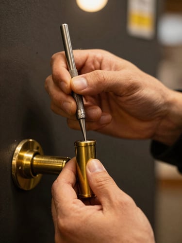 Close-up of professional locksmith hands using precision pick tools on a high-security brass cylinder, warm night street lighting, shallow depth of field, 50mm