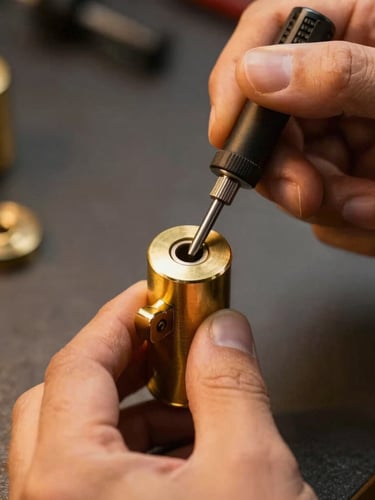Macro shot of a professional locksmith's hands using precision tension tools on a high-security brass cylinder lock, warm ambient light, 50mm