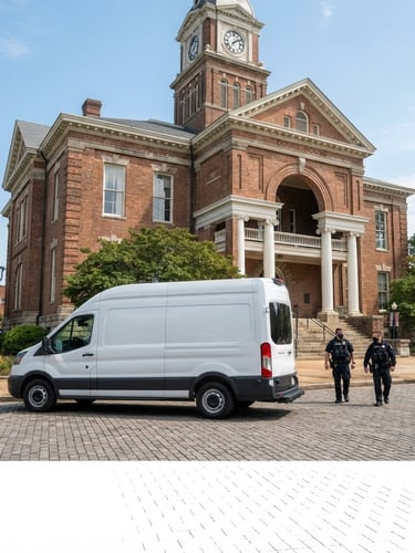 A clean white secure logistics transit vehicle parked outside a classic brick county courthouse, bright natural daylight, sharp focus, professional documentary style