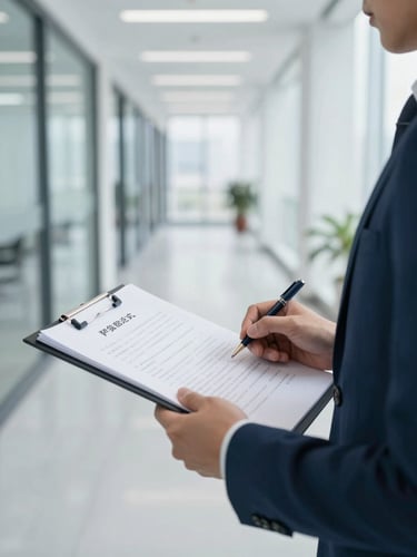 A close-up of a professional in business casual holding an organized legal folder containing mortgage deeds, standing in a brightly lit modern office corridor.