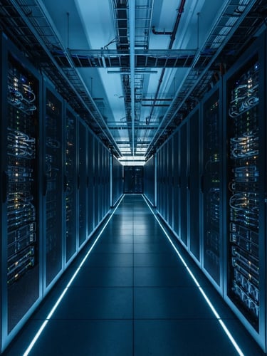 Wide architectural symmetry of server arrays with cold blue indicators, low-key azure neon lighting, dark slate tones, sharp macro details, 35mm lens
