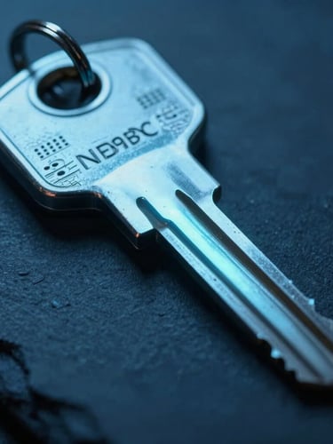 Macro close-up of a physical security key glowing with a sharp azure light, dark slate background, cold cinematic photography, 35mm lens.