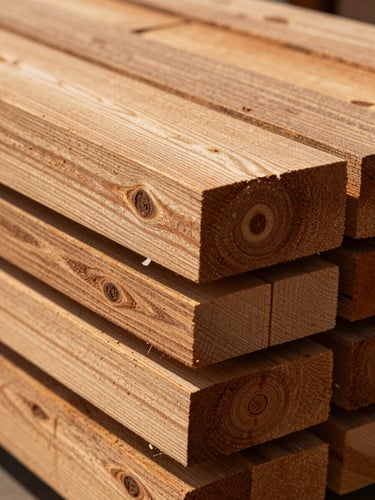 Extreme close-up of stacked hardwood lumber planks in a warehouse, natural daylight raking across the grain, deep amber and brown tones, sharp texture detail of wood rings and knots, no people