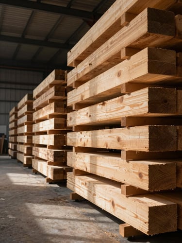 Wide panoramic shot of a lumber yard warehouse interior, right side of frame, tall stacked timber beams and structural boards organized in deep rows, high-contrast industrial overhead lighting casting sharp shadows on wood grain texture, generous empty shadow space on the left third