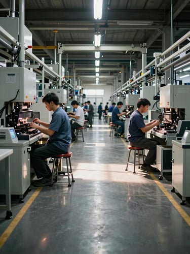 Wide shot of an active production line floor from a low angle, workers at stations in the mid-ground, industrial overhead lighting casting sharp shadows on machinery, sense of operational scale and motion