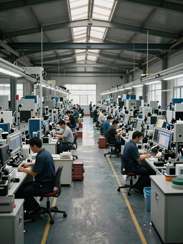 Wide shot of a manufacturing floor mid-shift, rows of assembly stations under industrial daylight through high clerestory windows, workers at stations in the middle distance, complexity and scale visible
