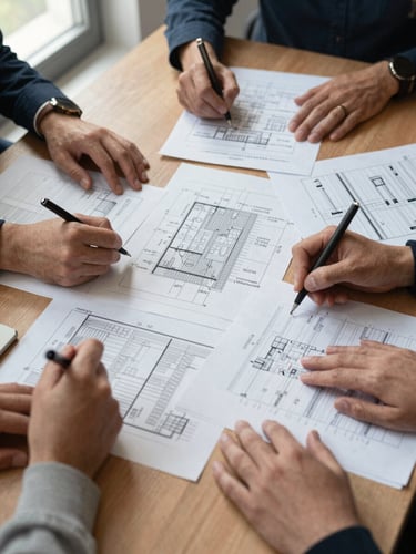 Overhead shot of a working meeting table, printed process maps and logistics diagrams spread across the surface, hands annotating documents, natural daylight from a side window, no posed faces visible