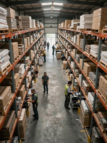Wide shot of an active warehouse floor from a high vantage point, workers mid-task among shelving rows, natural industrial daylight filtering through skylights, no posed figures