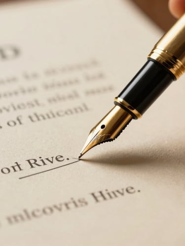 Extreme close-up of a heavy gold fountain pen signing a formal legal petition on thick cream-colored paper, deep side-lighting, sharp contrast