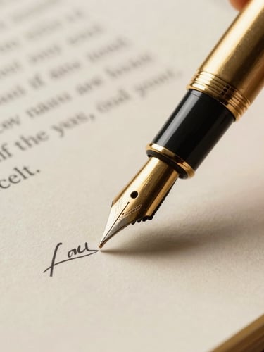 Extreme close-up of a heavy gold fountain pen signing a formal legal petition on thick cream parchment paper, dramatic side-lighting with deep shadows.