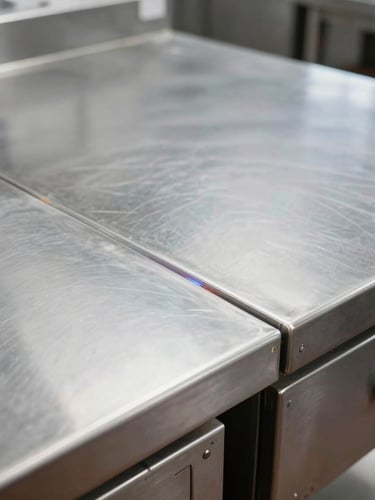 Close-up of a high-precision weld on a polished stainless steel commercial kitchen counter, bright industrial lighting reflecting off the metal surface, sharp focus on the clean seam