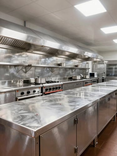 Bright industrial photography of a massive, gleaming commercial kitchen line, polished heavy-gauge stainless steel counters, clean welds, high-key overhead lighting, 24mm wide-angle.