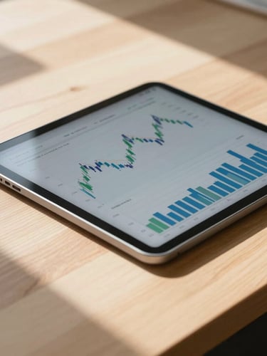 Close up of a modern digital tablet displaying financial graphs on a clean oak desk, bright natural daylight, soft architectural shadows