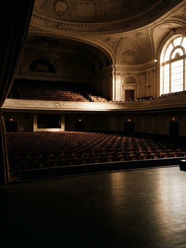 Wide shot of an empty, grand concert hall bathed in dramatic low-key window light, velvet seats, and polished wood, viewed from the stage, amber tones, 35mm