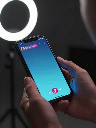 Close-up of creator hands gripping a smartphone mid-live-stream, screen-glow casting neon blue light across fingers, ring light reflected on screen surface, dark studio background, high-contrast key light from upper left, TikTok Live interface glowing on screen